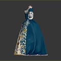 Blue And White Historical Gown With Gold Floral Embroidery Details