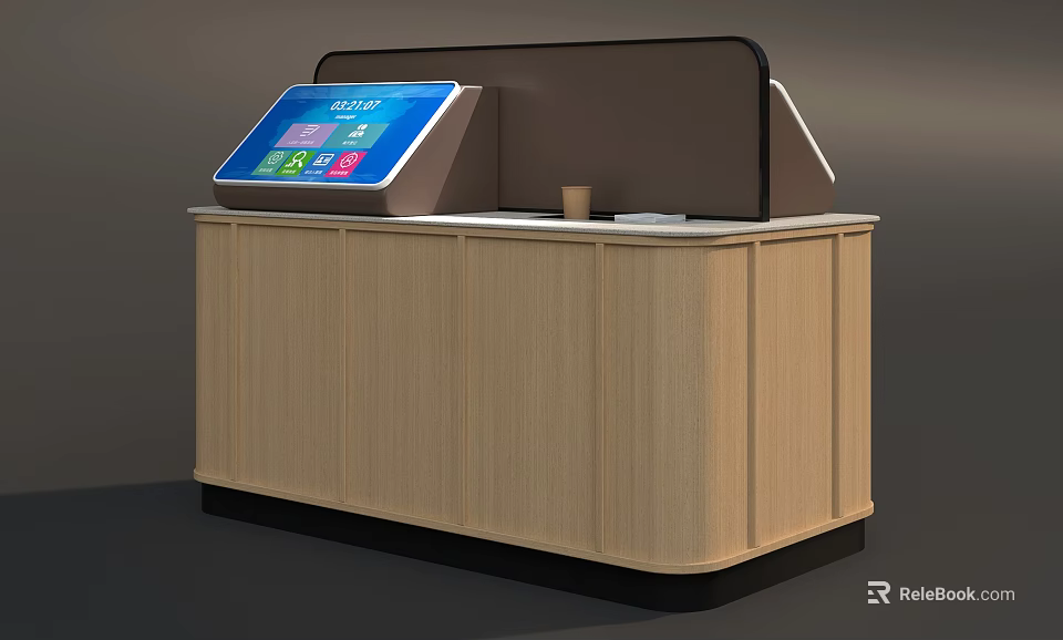 Modern Commercial Service Counter With Touchscreen Display Wooden Finish And Coffee Cup 3d model 