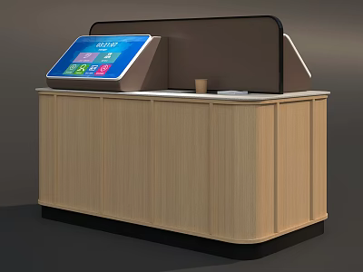 Modern Commercial Service Counter With Touchscreen Display Wooden Finish And Coffee Cup 3d model
