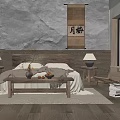 Japanese Style Bedroom With Wooden Bed Nightstands Table Lamps And Scroll Painting