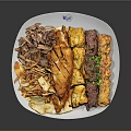 Assorted Grilled Meats And Chicken Skewers Served On White Plate With Sides