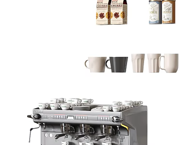 Professional Coffee Machine With Various Mugs And Coffee Powder Packages 3d model