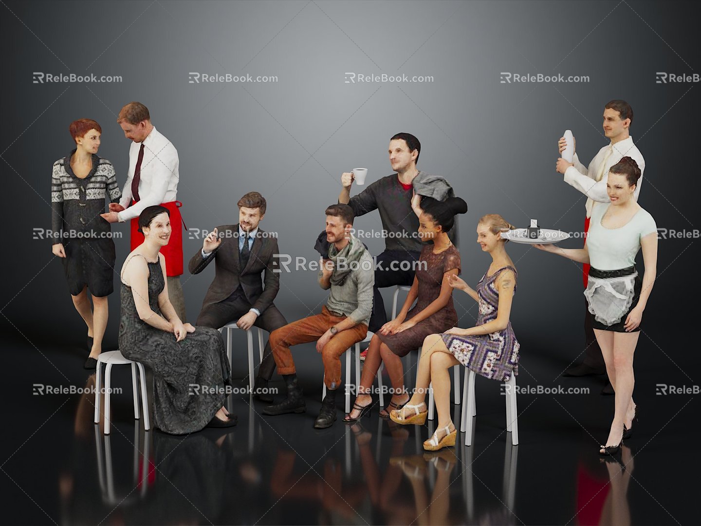 Modern multi-person cocktail party live male characters male characters 3d model