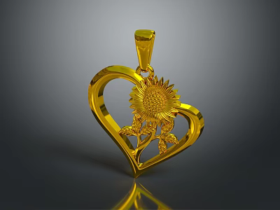 Elegant Gold Heart Shaped Pendant With Sunflower Design Stylish Fashion Accessory 3d model