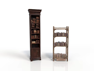 Tall And Short Wooden Bookshelves With Multiple Shelves And Stacked Books 3d model
