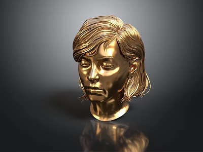 Golden Female Head Sculpture Detailed Artistic Carving With Realistic Features 3d model
