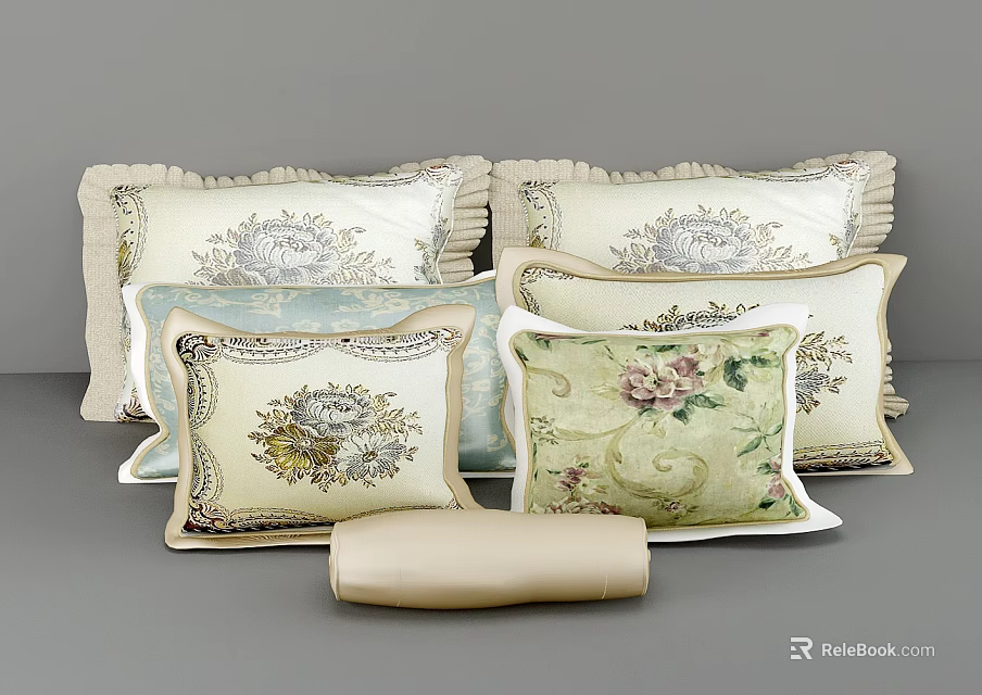 Elegant Decorative Floral Pattern Throw Pillows with Various Colors and Sizes 3d model 