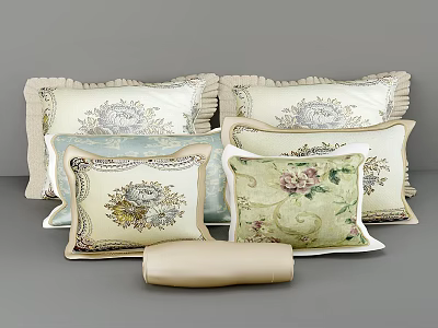 Elegant Decorative Floral Pattern Throw Pillows with Various Colors and Sizes 3d model