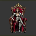 Ornate Red Throne With Gold Accents Seated By Armored Woman On Gray Background