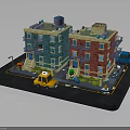 Green And Red Multi Story Apartment Buildings With Balconies Yellow Taxi And Blue Truck