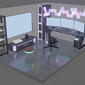 Modern Cartoon Style Gaming Room Featuring Multiple Monitors LED Hexagon Lights And Black Gaming Chair
