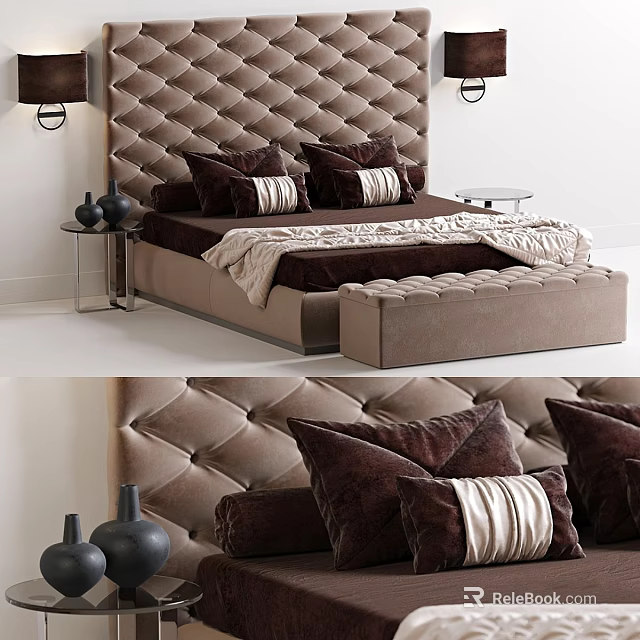 Elegant Bedroom Interior With Tufted Headboard Bed Pillows Bench Side Tables And Vases 3d model 
