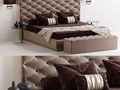 Elegant Bedroom Interior With Tufted Headboard Bed Pillows Bench Side Tables And Vases 3d model
