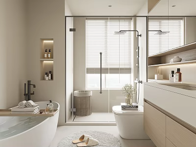 Modern Warm Beige Minimalist Bathroom Interior With Freestanding Bathtub Glass Shower Area And Sleek Vanity 3d model
