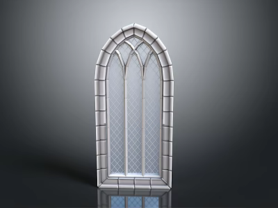 Arched Casement Window With Metal Frame Lattice Glass And Reflective Surface 3d model