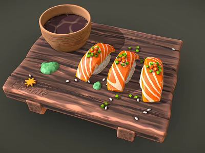 Fresh Salmon Sushi Pieces On Wooden Bento Tray With Soy Sauce And Green Sauce 3d model