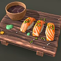 Fresh Salmon Sushi Pieces On Wooden Bento Tray With Soy Sauce And Green Sauce