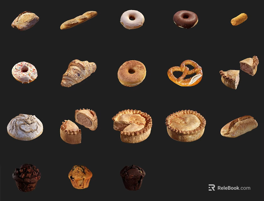 Assorted Baked Goods Collection Featuring Donuts Croissants Pretzels Pies Muffins and Breads 3d model 