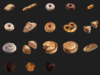 Assorted Baked Goods Collection Featuring Donuts Croissants Pretzels Pies Muffins and Breads 3d model