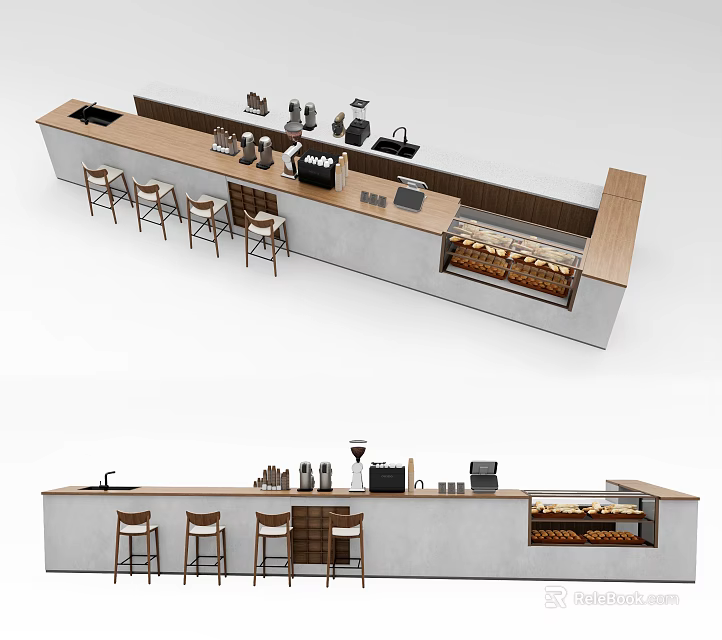 Modern Bar Counter With Wooden Stools Coffee Machines And Display Storage Area 3d model 