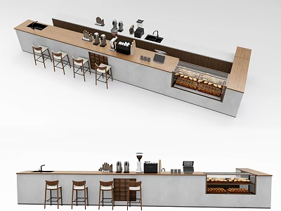 Modern Bar Counter With Wooden Stools Coffee Machines And Display Storage Area 3d model