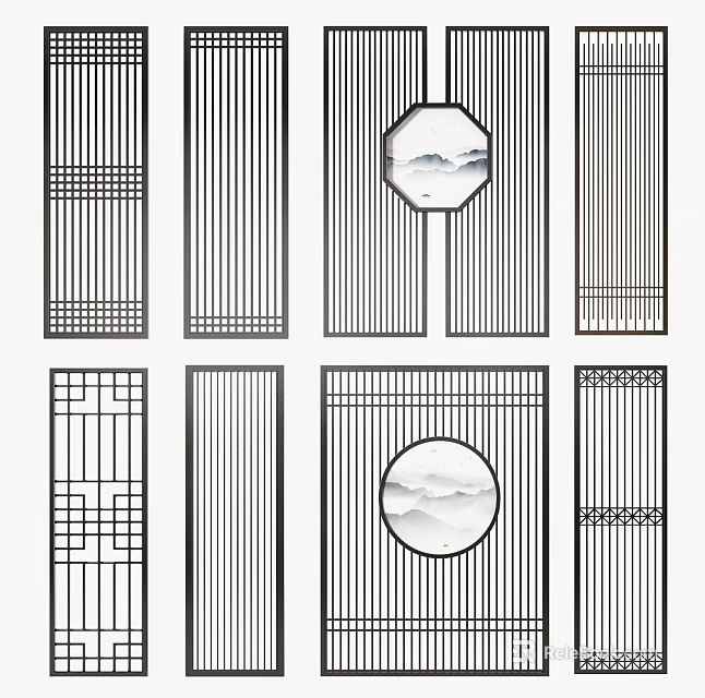 Chinese Style Room Dividers With Striped Patterns And Circular Landscape Art Panels 3d model