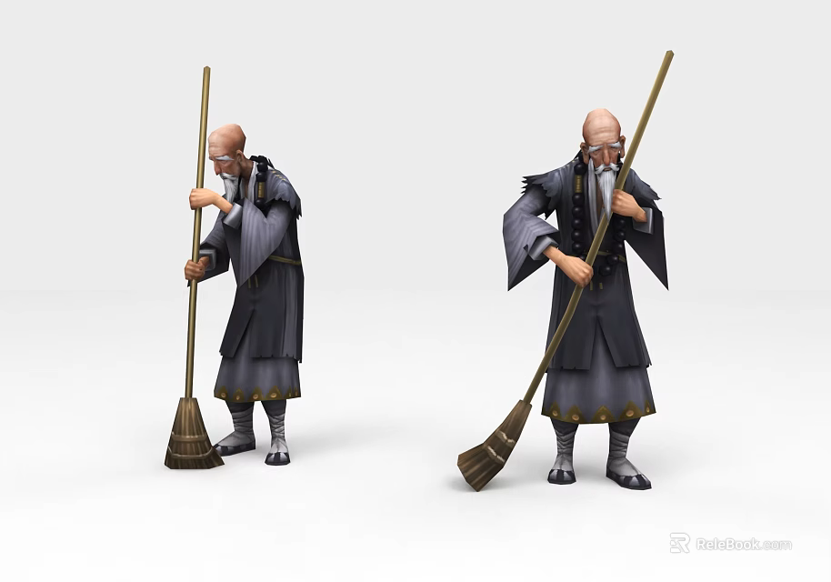Animated Game Movie Character Two Elders in Traditional Robes Holding Brooms 3d model 