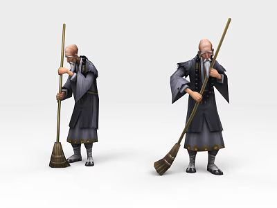 Animated Game Movie Character Two Elders in Traditional Robes Holding Brooms 3d model