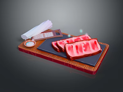 Raw Sliced Meat on Wooden Cutting Board with Tape Measure Paper Towels Small Bowl 3d model