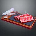 Raw Sliced Meat on Wooden Cutting Board with Tape Measure Paper Towels Small Bowl