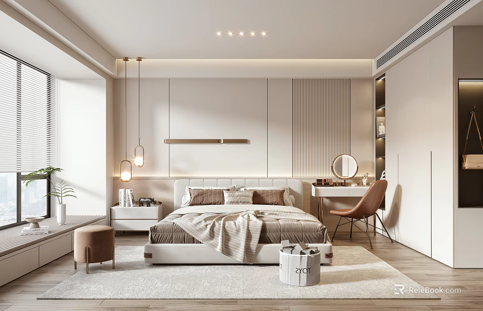 Minimalist Modern Bedroom Interior With Bed Linens Pendant Lights Nightstand Dressing Table Chair Area Rug 3d model 
