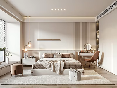 Minimalist Modern Bedroom Interior With Bed Linens Pendant Lights Nightstand Dressing Table Chair Area Rug 3d model