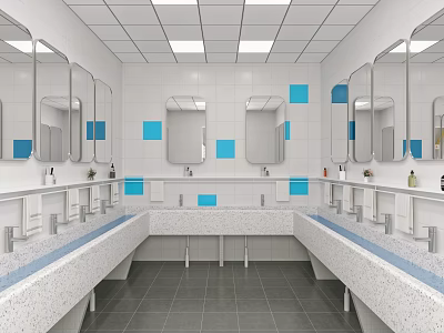 Public Restroom Interior With Sinks Mirrors White Tiled Walls Blue Decorative Squares And Ceiling Lights 3d model