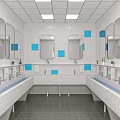 Public Restroom Interior With Sinks Mirrors White Tiled Walls Blue Decorative Squares And Ceiling Lights