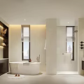 Modern Luxury Bathroom Interior With Bathtub Double Mirrors Green Plant Wall And Wooden Cabinets