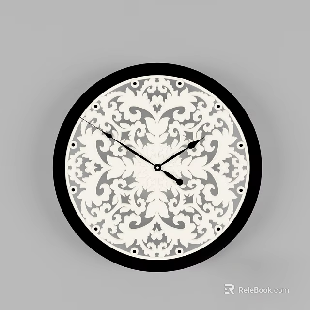 Circular Wall Clock with Black Frame White Face and Gray Decorative Patterns 3d model 