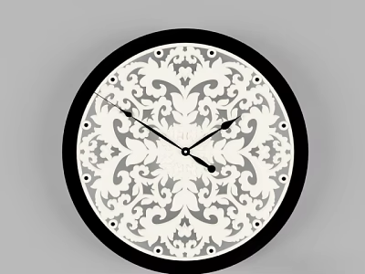 Circular Wall Clock with Black Frame White Face and Gray Decorative Patterns 3d model