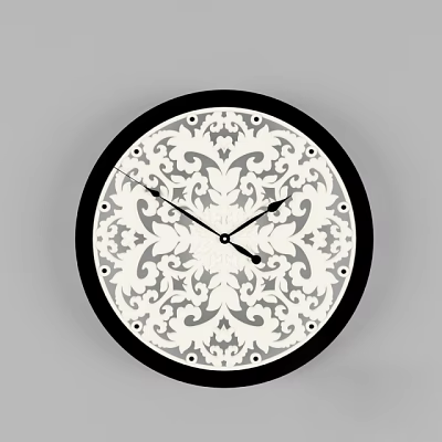 Circular Wall Clock with Black Frame White Face and Gray Decorative Patterns 3d model Circular Wall Clock with Black Frame White Face and Gray Decorative Patterns 3d model