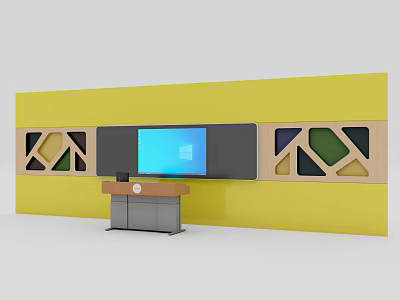 Geometric Wooden Wall Hangings On Yellow Wall With Screen And Podium 3d model