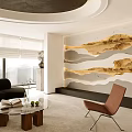 Modern Living and Dining Interior with black L-shaped sofa round wooden coffee table circular ceiling
