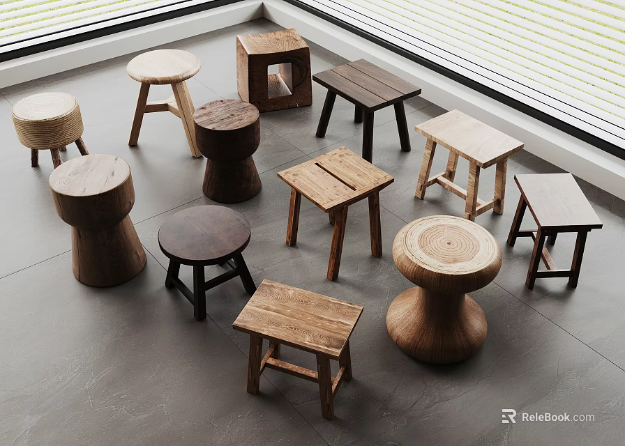 Various Wooden Stools With Different Designs Shapes And Structures In Interior Space 3d model