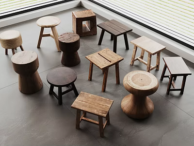 Various Wooden Stools With Different Designs Shapes And Structures In Interior Space 3d model