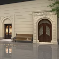 European Architecture Exterior Featuring Various Arched Doors Wooden Bench And Stone Decorations