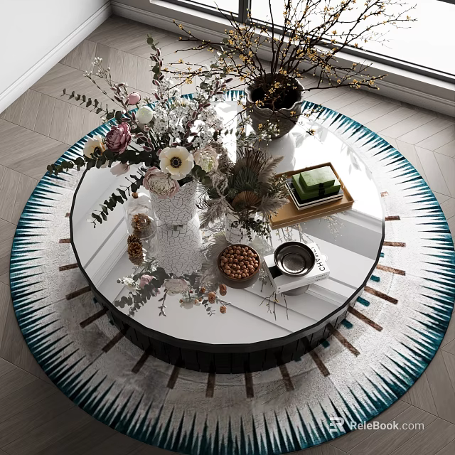Elegant Round Glass Coffee Table With Flower Vases Tray Nuts And Cup By Window 3d model 