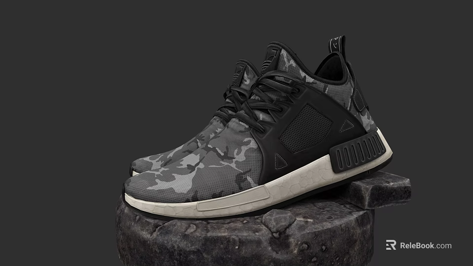 Modern Camouflage Pattern Sneakers With White Sole Black Laces And Mesh Design 3d model 