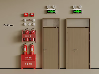 Fire Safety Equipment With Extinguishers Hydrant And Emergency Exit Signs 3d model