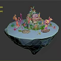 Colorful Cartoon Floating Island Scene With Mountain Red Decorations Green Plants and Playful Elements