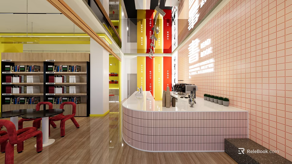 Bright Modern Interior Design With Curved Counter Bookshelves And Tiled Walls 3d model 