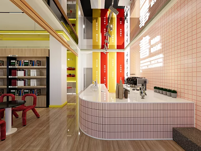 Bright Modern Interior Design With Curved Counter Bookshelves And Tiled Walls 3d model