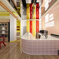Bright Modern Interior Design With Curved Counter Bookshelves And Tiled Walls
